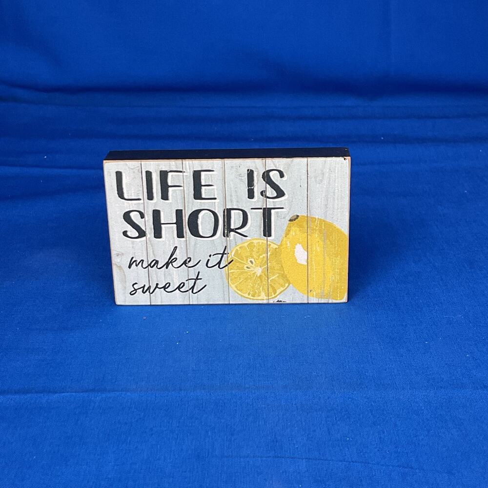 Life Is Short Make It Sweet Lemon Wood Block Sign Rustic Farmhouse Kitchen Decor